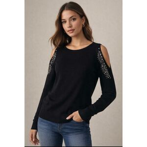 Vita Milano Embellished Sleeve Black Wool Blend Sweater Size Small